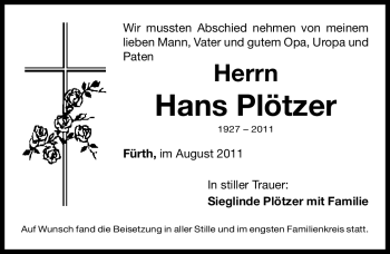 Traueranzeige von Hans Plötzer von Nürnberger Nachrichten