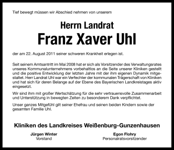 Traueranzeige von Franz Xaver Uhl von Nürnberger Nachrichten
