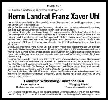 Traueranzeige von Franz Xaver Uhl von Nürnberger Nachrichten