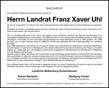 Traueranzeige von Franz Xaver Uhl von Nürnberger Nachrichten