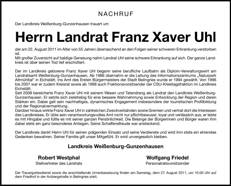  Traueranzeige für Franz Xaver Uhl vom 26.08.2011 aus Nürnberger Nachrichten