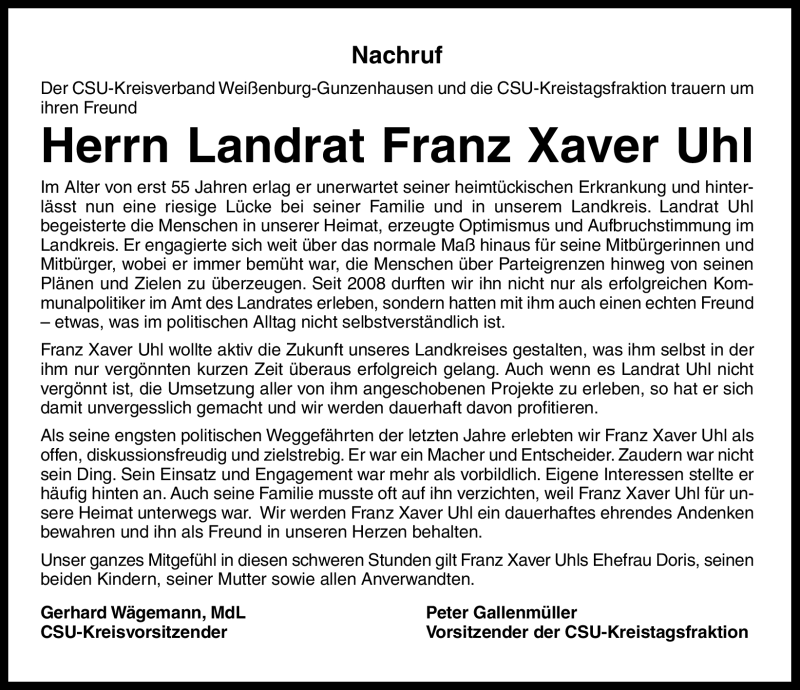  Traueranzeige für Franz Xaver Uhl vom 25.08.2011 aus Nürnberger Nachrichten