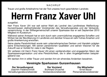 Traueranzeige von Franz Xaver Uhl von Nürnberger Nachrichten