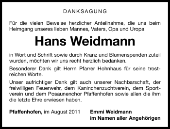 Traueranzeige von Hans Weidmann von Nürnberger Nachrichten