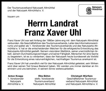 Traueranzeige von Franz Xaver Uhl von Nürnberger Nachrichten