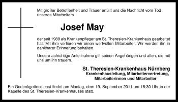 Traueranzeige von Josef May von Nürnberger Nachrichten
