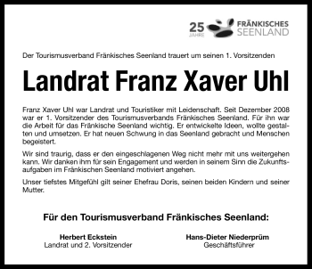 Traueranzeige von Franz Xaver Uhl von Nürnberger Nachrichten