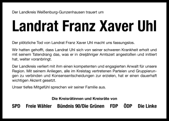 Traueranzeige von Franz Xaver Uhl von Nürnberger Nachrichten