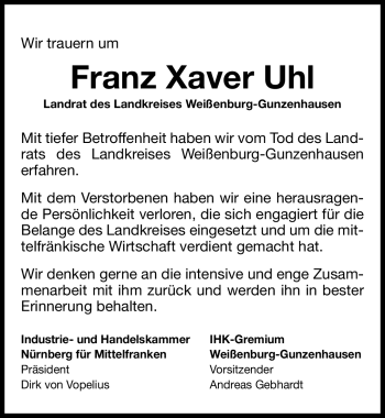 Traueranzeige von Franz Xaver Uhl von Nürnberger Nachrichten