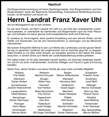Traueranzeige von Franz Xaver Uhl von Nürnberger Nachrichten