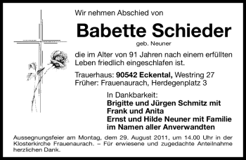 Traueranzeige von Babette Schieder von Nürnberger Nachrichten