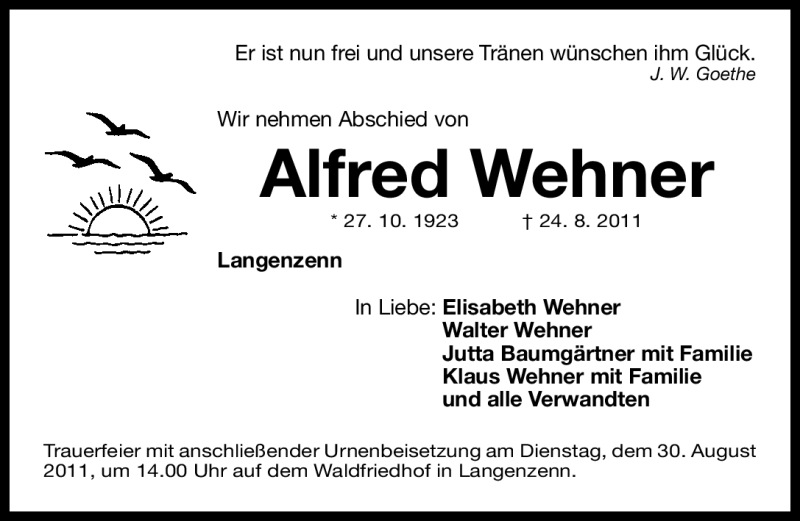 Traueranzeige für Alfred Wehner vom 27.08.2011 aus Nürnberger Nachrichten