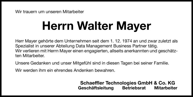 Traueranzeigen von Walter Mayer trauer.nn.de