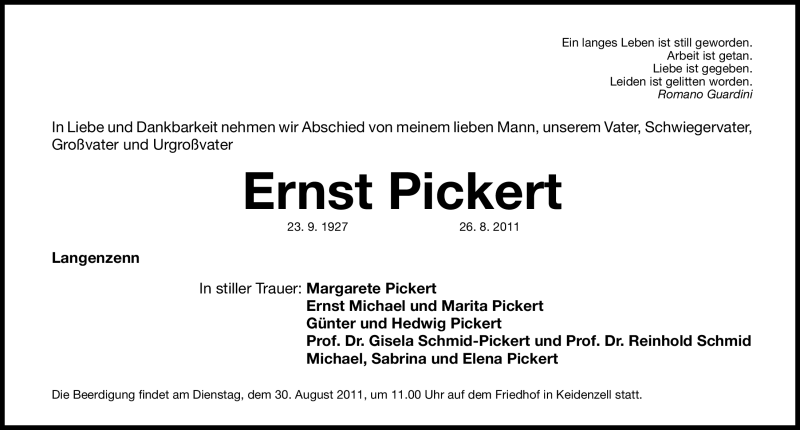  Traueranzeige für Ernst Pickert vom 29.08.2011 aus Nürnberger Nachrichten