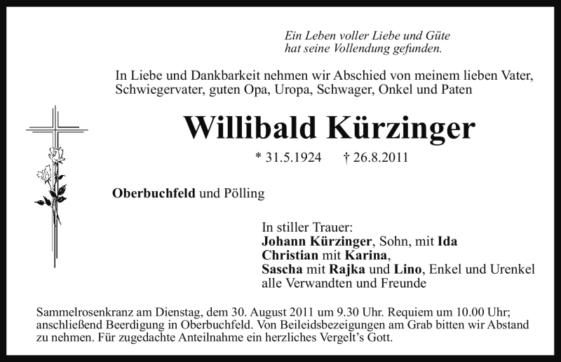  Traueranzeige für Willibald Kürzinger vom 29.08.2011 aus Nürnberger Nachrichten