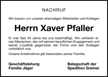 Traueranzeige von Xaver Pfaller von Nürnberger Nachrichten