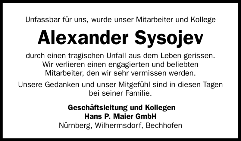  Traueranzeige für Alexander Sysojev vom 30.08.2011 aus Nürnberger Nachrichten
