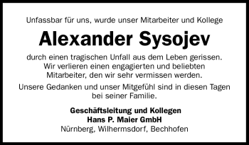 Traueranzeige von Alexander Sysojev von Nürnberger Nachrichten