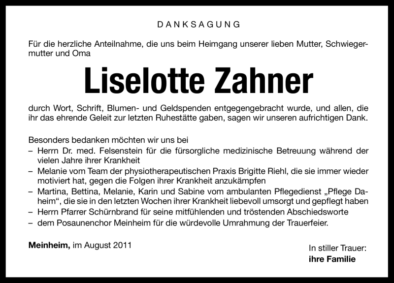 Traueranzeige für Liselotte Zahner vom 31.08.2011 aus Nürnberger Nachrichten