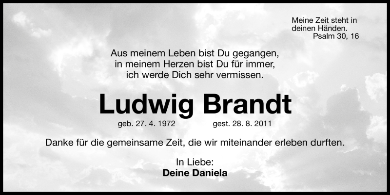  Traueranzeige für Ludwig Brandt vom 31.08.2011 aus Nürnberger Nachrichten