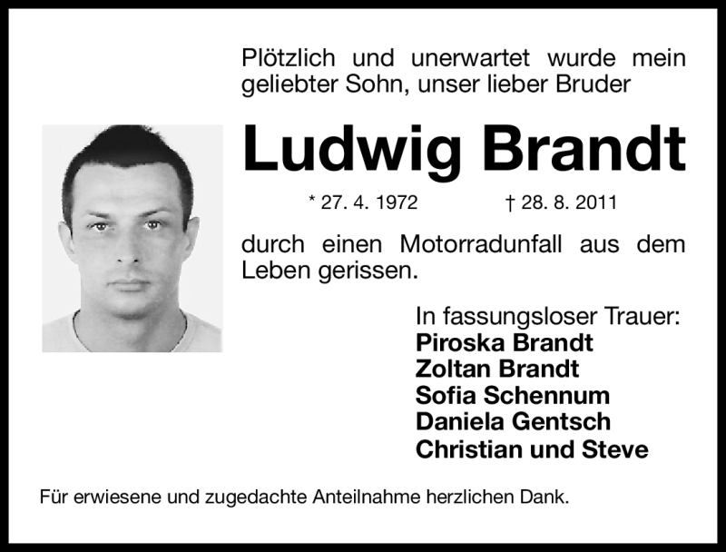  Traueranzeige für Ludwig Brandt vom 31.08.2011 aus Nürnberger Nachrichten