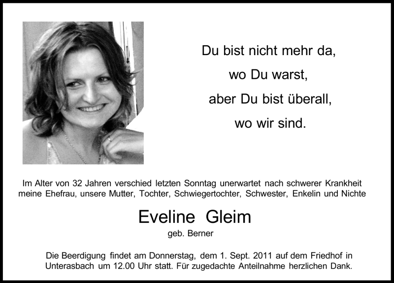  Traueranzeige für Eveline Gleim vom 31.08.2011 aus Nürnberger Nachrichten