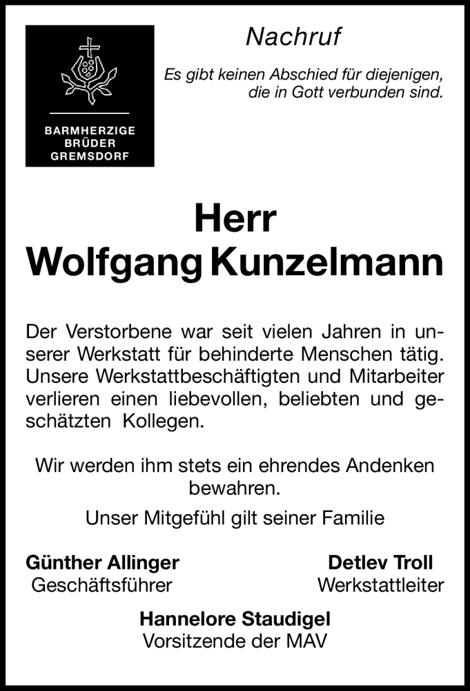  Traueranzeige für Wolfgang Kunzelmann vom 02.09.2011 aus Nürnberger Nachrichten