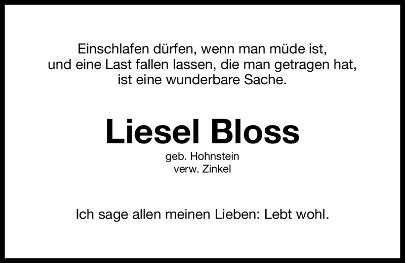  Traueranzeige für Liesel Bloss vom 05.09.2011 aus Nürnberger Nachrichten