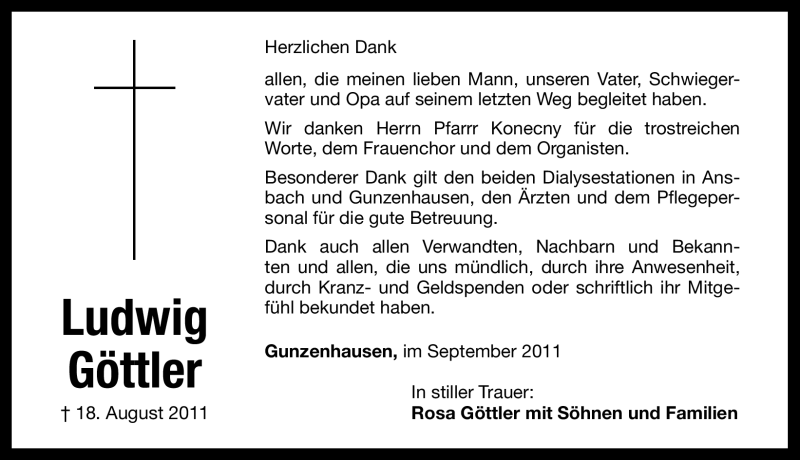  Traueranzeige für Ludwig Göttler vom 03.09.2011 aus Nürnberger Nachrichten