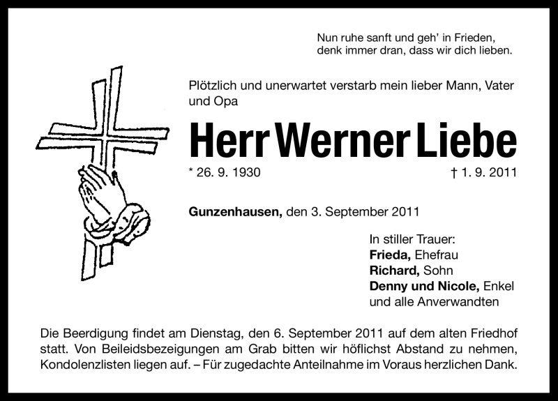  Traueranzeige für Werner Liebe vom 03.09.2011 aus Nürnberger Nachrichten