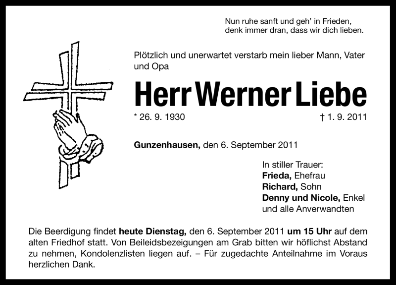  Traueranzeige für Werner Liebe vom 06.09.2011 aus Nürnberger Nachrichten