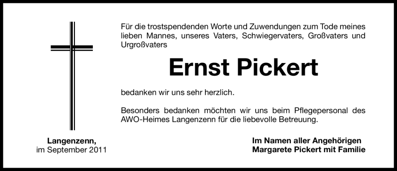  Traueranzeige für Ernst Pickert vom 05.09.2011 aus Nürnberger Nachrichten