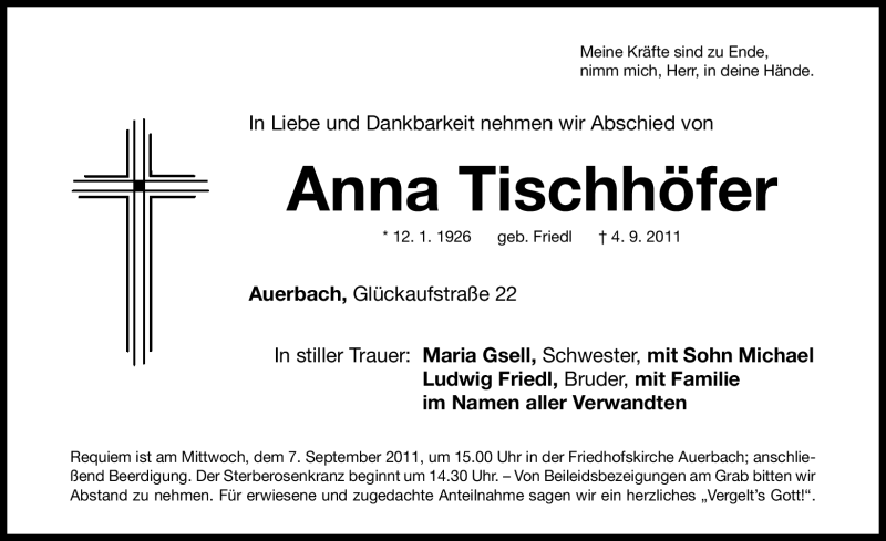  Traueranzeige für Anna Tischhöfer vom 05.09.2011 aus Nürnberger Nachrichten