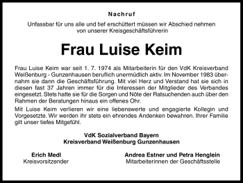 Traueranzeige von Luise Keim von Nürnberger Nachrichten