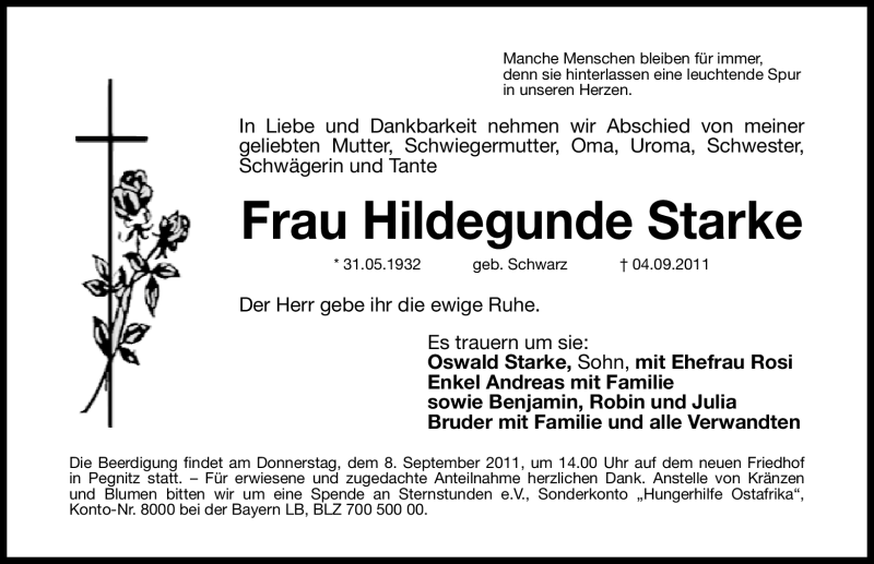  Traueranzeige für Hildegunde Starke vom 06.09.2011 aus Nürnberger Nachrichten