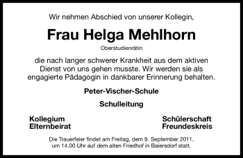 Traueranzeige von Helga Mehlhorn von Nürnberger Nachrichten