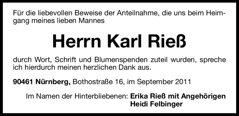  Traueranzeige für Karl Rieß vom 08.09.2011 aus Nürnberger Nachrichten