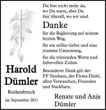 Traueranzeige von Harold Dümler von Nürnberger Nachrichten