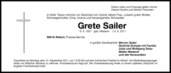 Traueranzeige von Grete Sailer von Nürnberger Nachrichten