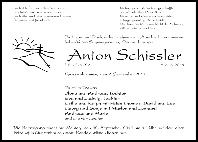  Traueranzeige für Anton Schissler vom 10.09.2011 aus Nürnberger Nachrichten
