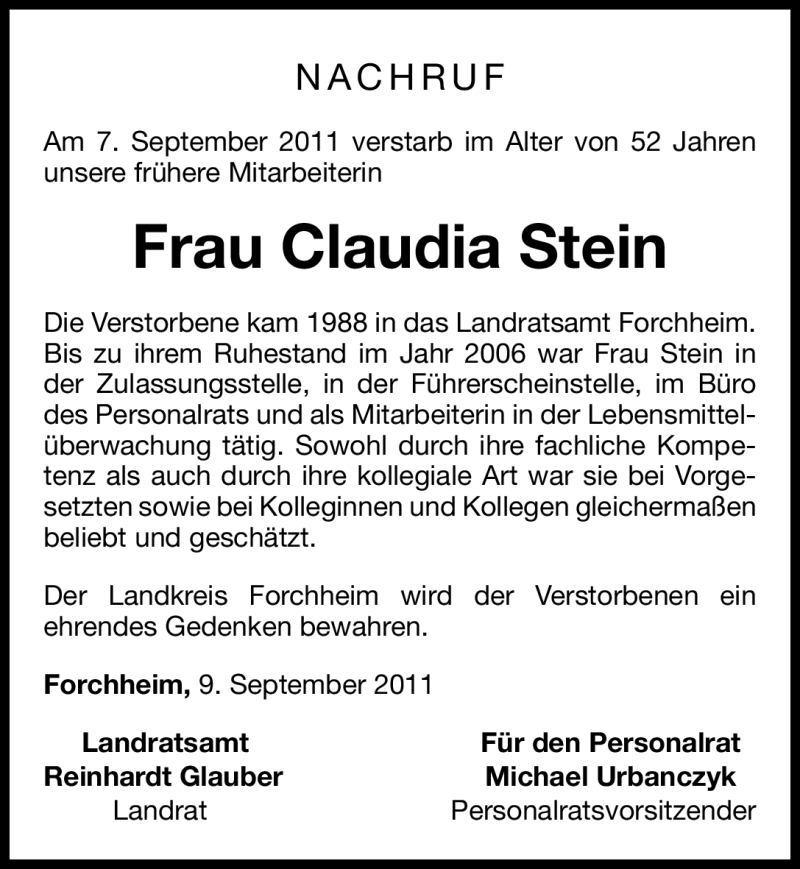  Traueranzeige für Claudia Stein vom 10.09.2011 aus Nürnberger Nachrichten
