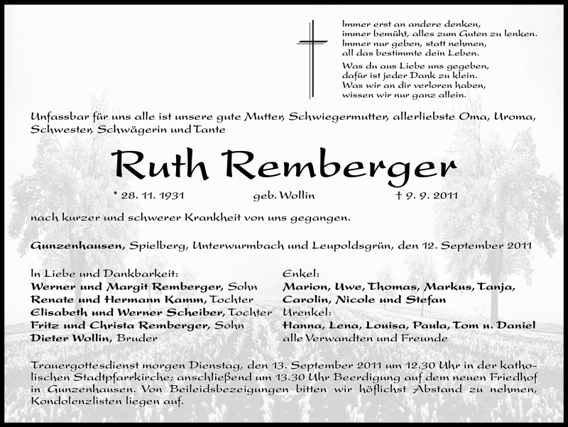 Traueranzeige für Ruth Remberger vom 12.09.2011 aus Nürnberger Nachrichten
