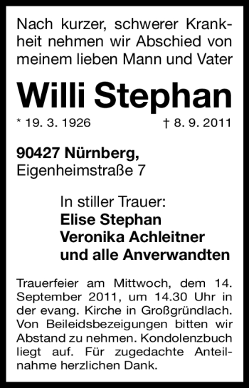 Traueranzeige von Willi Stephan von Nürnberger Nachrichten