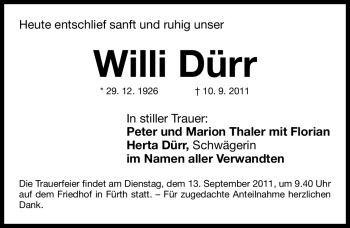 Traueranzeige von Willi Dürr von Nürnberger Nachrichten