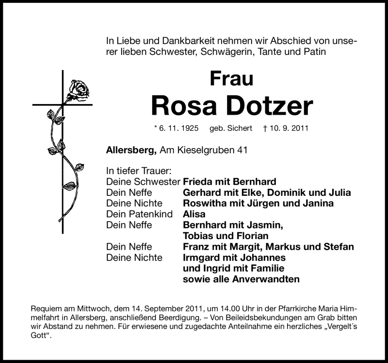 Traueranzeigen von Rosa Dotzer | trauer.nn.de