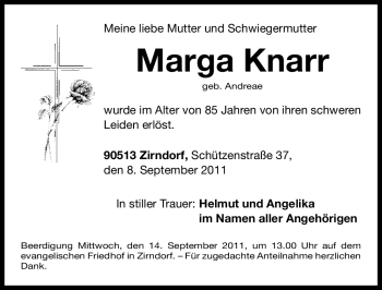 Traueranzeige von Marga Knarr von Nürnberger Nachrichten