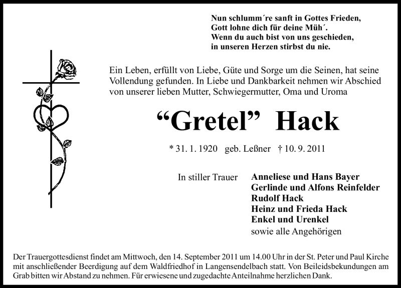  Traueranzeige für Gretel Hack vom 13.09.2011 aus Nürnberger Nachrichten