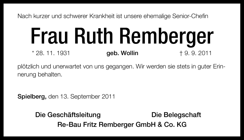  Traueranzeige für Ruth Remberger vom 13.09.2011 aus Nürnberger Nachrichten