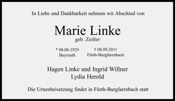 Traueranzeige von Marie Linke von Nürnberger Nachrichten