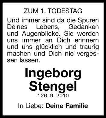Traueranzeige von Ingeborg Stengel von Nürnberger Nachrichten